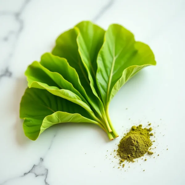 Fresh leaves and powder showcased in a clean, professional design. Boost memory, focus, and overall brain health with this ancient remedy.