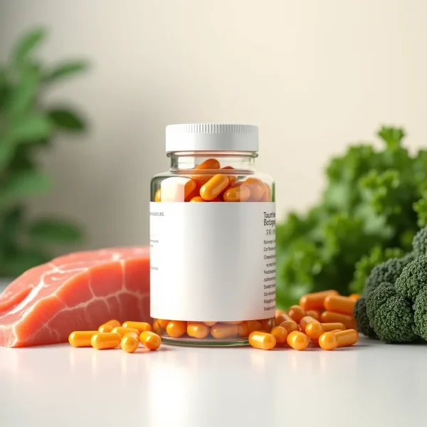 a sleek supplement bottle paired with fresh, natural ingredients in a clean, professional setting. Boost energy, focus, and overall wellness with this essential nutrient.
