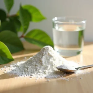 Fine white diatomaceous earth powder on a wooden surface with green leaves and a glass of water.