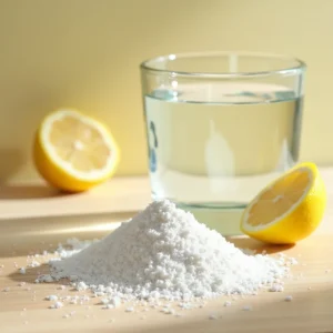 Fine white electrolyte powder on a wooden surface with a glass of water and a lemon slice.