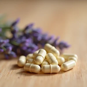 Close-up of GABA capsules on a wooden surface, surrounded by fresh lavender sprigs, evoking relaxation and natural wellness.